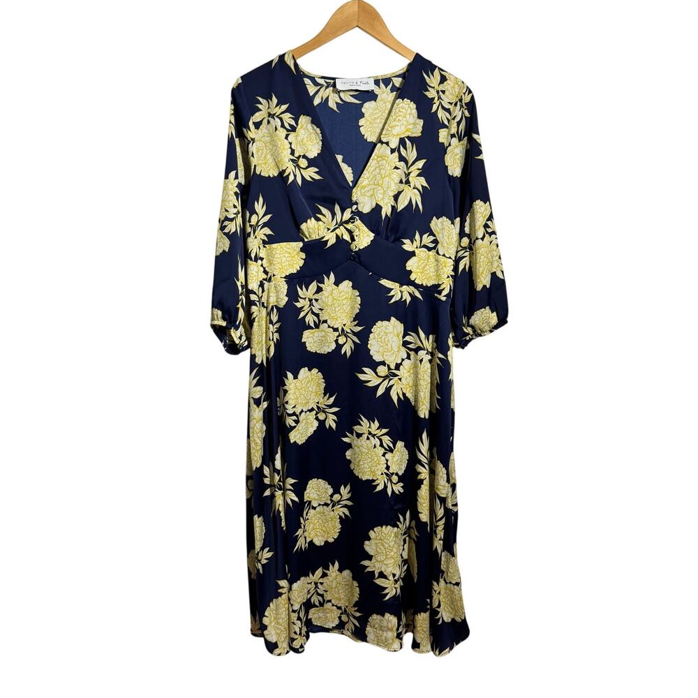 Truth & Fable Floral Baby Doll Midi Dress Women XL‎ Blue Wedding Guest Modest